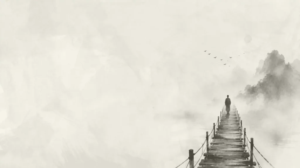 Ink-wash silhouette walking alone across a narrow bridge surrounded by mist, symbolizing trust grounded in observation rather than certainty.